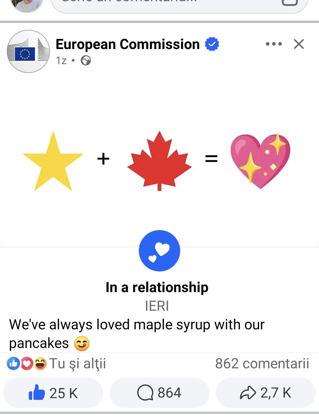 Screenshot of the European Commission’s Facebook post: a yellow star plus a Canadian maple leaf equals a sparkling heart, with the status ‘In a relationship’ and the caption ‘We’ve always loved maple syrup with our pancakes.’